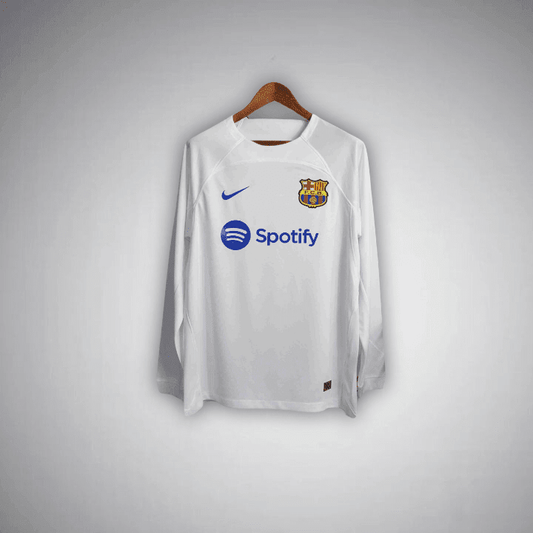 23/24 FC Barcelona White Long Sleeve Away Kit from FootballPrestige.club - Premium Football Kits