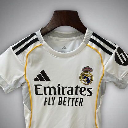 25/26 Real Madrid Home Kids Size Kit from FootballPrestige.club - Premium Football Kits