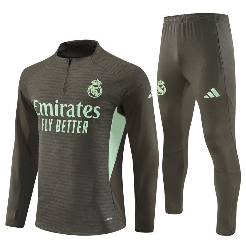 25/26 Real Madrid Training Dark Olive Tracksuit from FootballPrestige.club - Premium Football Kits