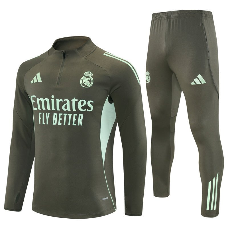 25/26 Real Madrid Training Dark Olive Tracksuit from FootballPrestige.club - Premium Football Kits
